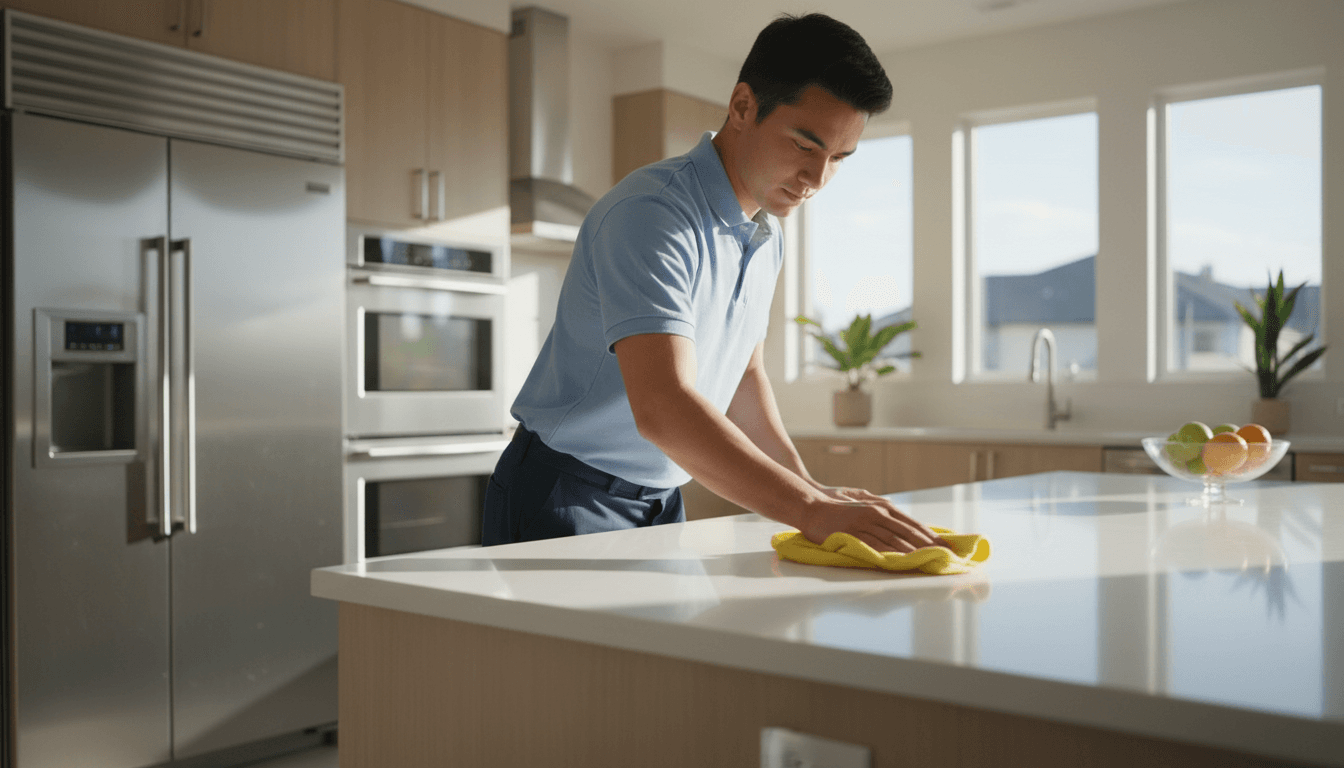 Professional cleaner polishing a modern kitchen countertop with precision