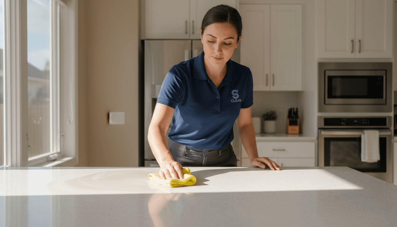 Professional cleaner wiping down a modern kitchen countertop