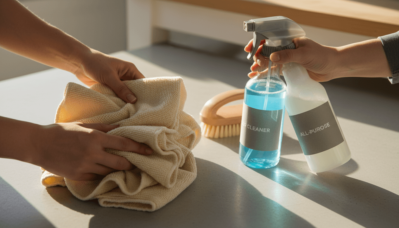 Professional cleaning supplies and microfiber cloths prepared for service